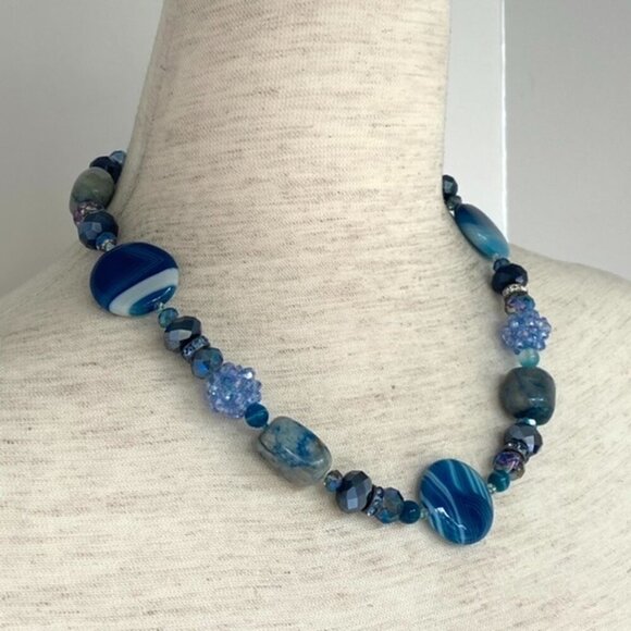 Sterling Silver 925 Blue Dyed Banded Agate & Chrysocolla Quartz Beaded Necklace - Picture 3 of 16
